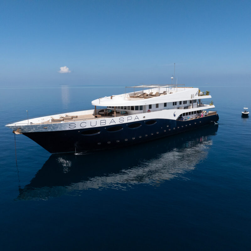 Luxury liveaboard vessel Scubaspa anchored in the Maldives during corporate conference retreat